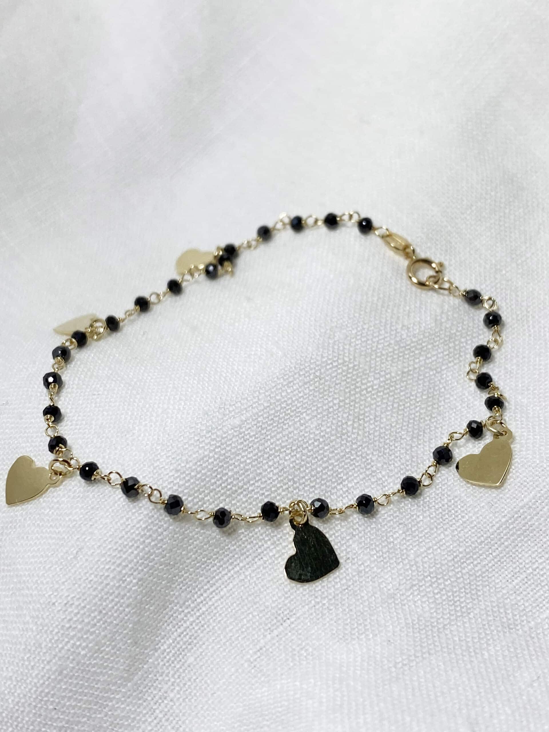 Bellissimo Bracciale Maglia Rolò In Oro Giallo Perle nere e Cuori