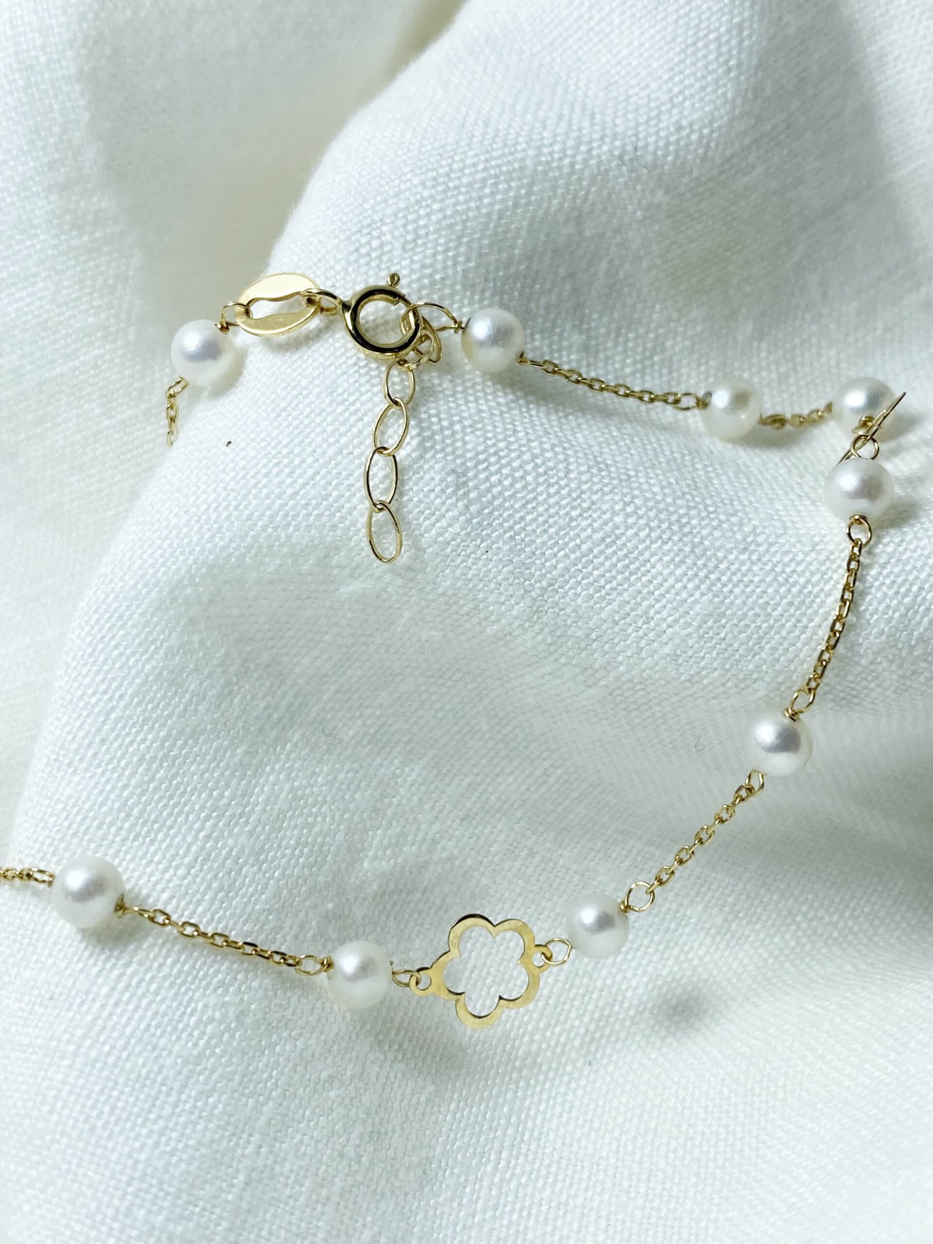 Bellissimo Bracciale Maglia Rolò Con Perle e Fiori in Oro Giallo - immagine 3
