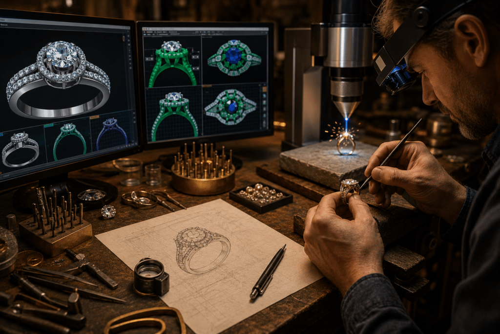 Progettazione 3D e lavorazione laser di un gioiello in laboratorio orafo