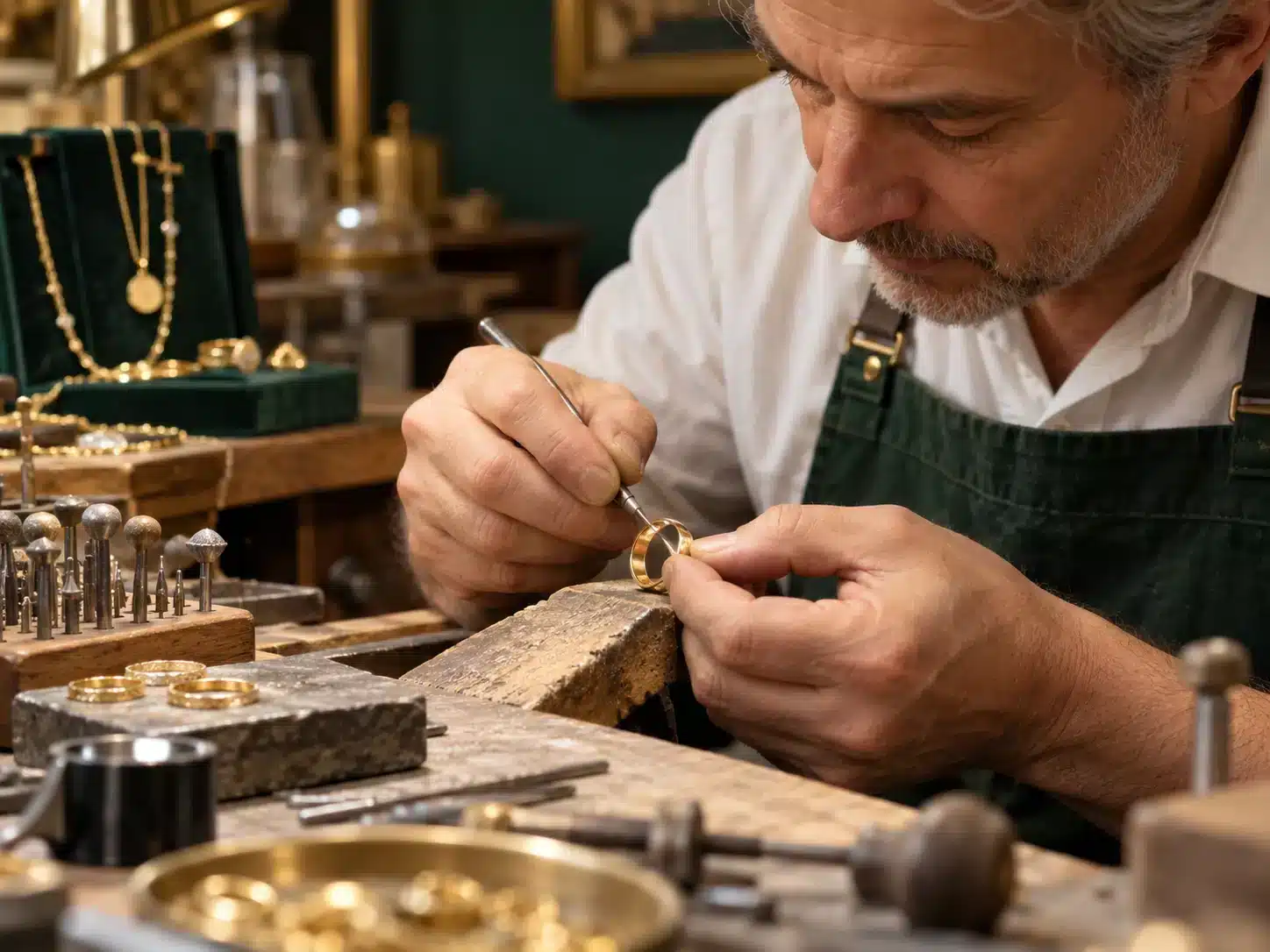 Artigiano orafo al lavoro su un anello in oro nel laboratorio di gioielleria 1MI